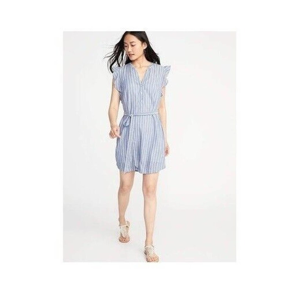 Old Navy Size S Flutter-Sleeve Tie-Belt Mini Dress Blue White Striped Chambray